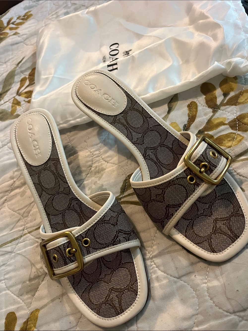 Coach Brown Signature Buckle Slide Sandals with White Trim